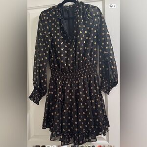 Black Long-Sleeve Tiered Dress with Gold Dot Accent